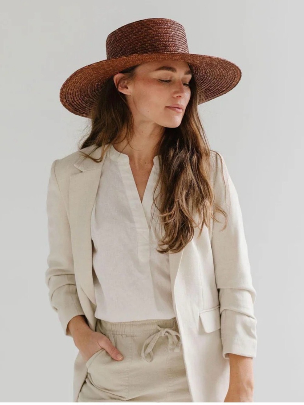 GIGI PIP CAPRI BROWN BLEMISHED Braided Wheat straw Wide stiff brim Sun Hat 55